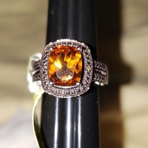 Sz 6.25, Madeira Citrine & Champagne Diamonds, 925 Silver, NWT